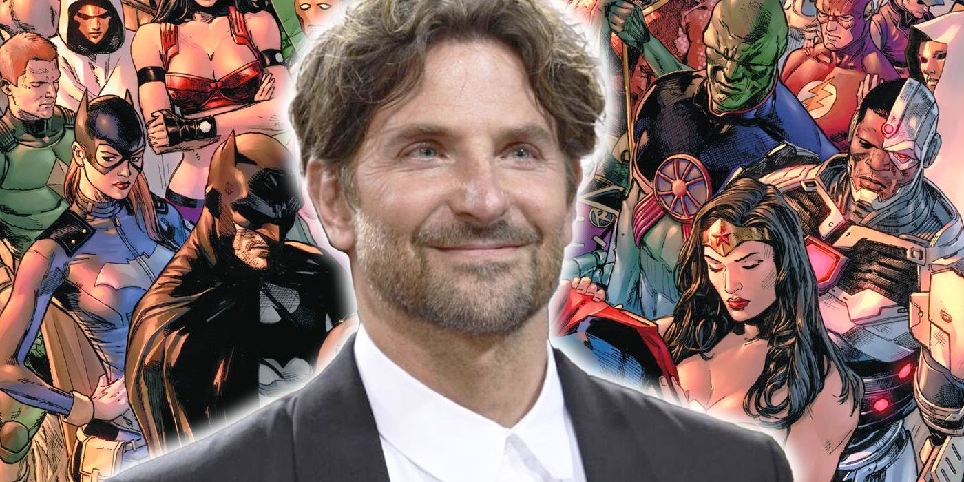 Bradley Cooper in front of a DC Comics cover featuring hundreds of DC superheroes.