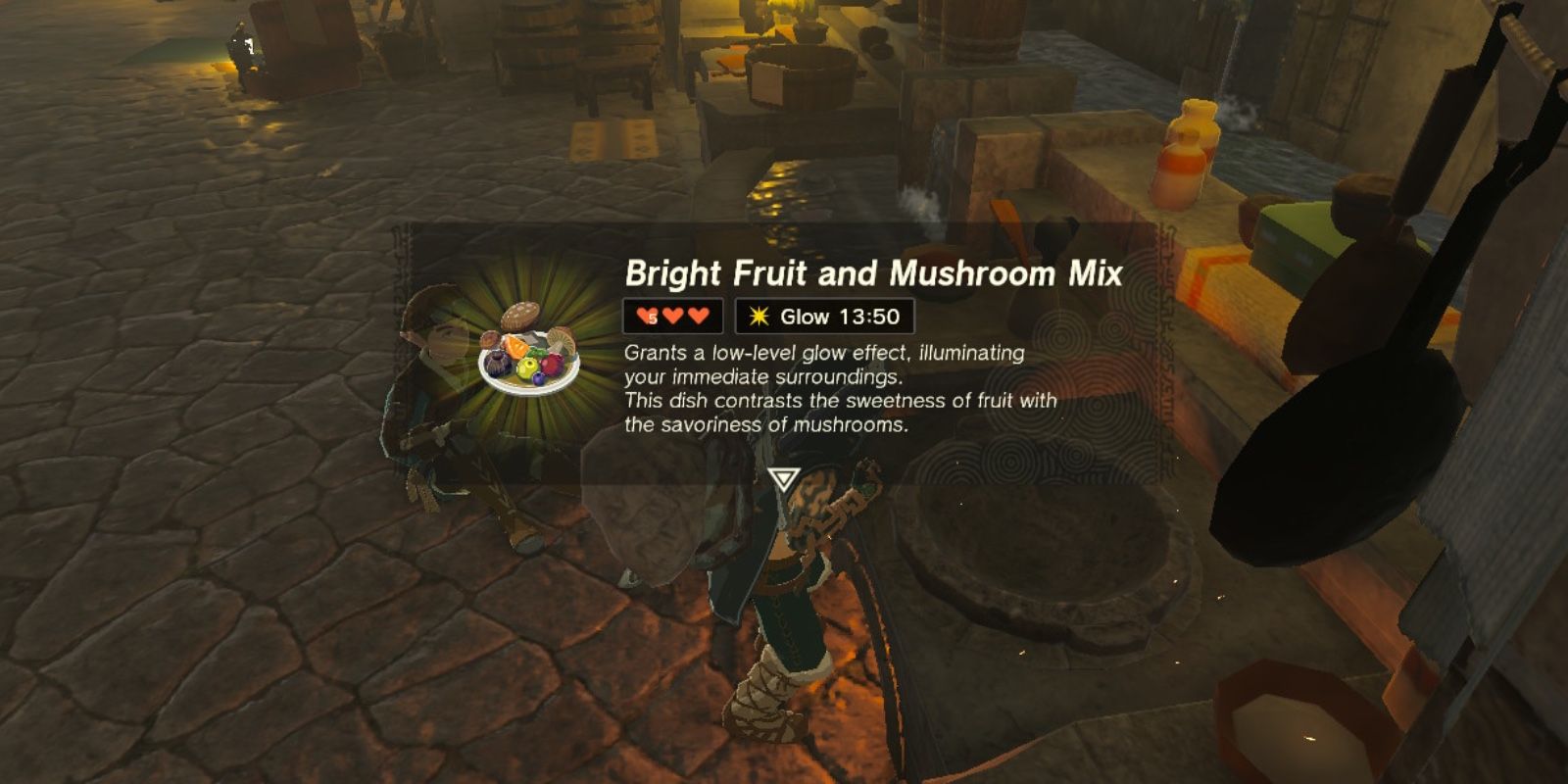 Link cozinha uma mistura brilhante de frutas e cogumelos em Tears of the Kingdom.