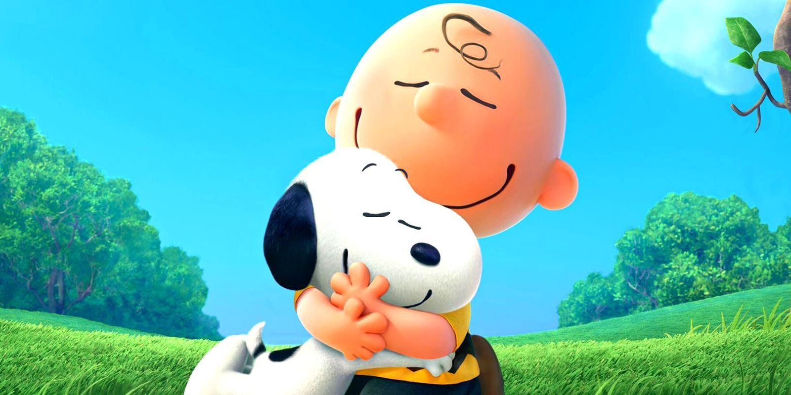 Charlie Brown and Snoopy hugging in a peaceful field