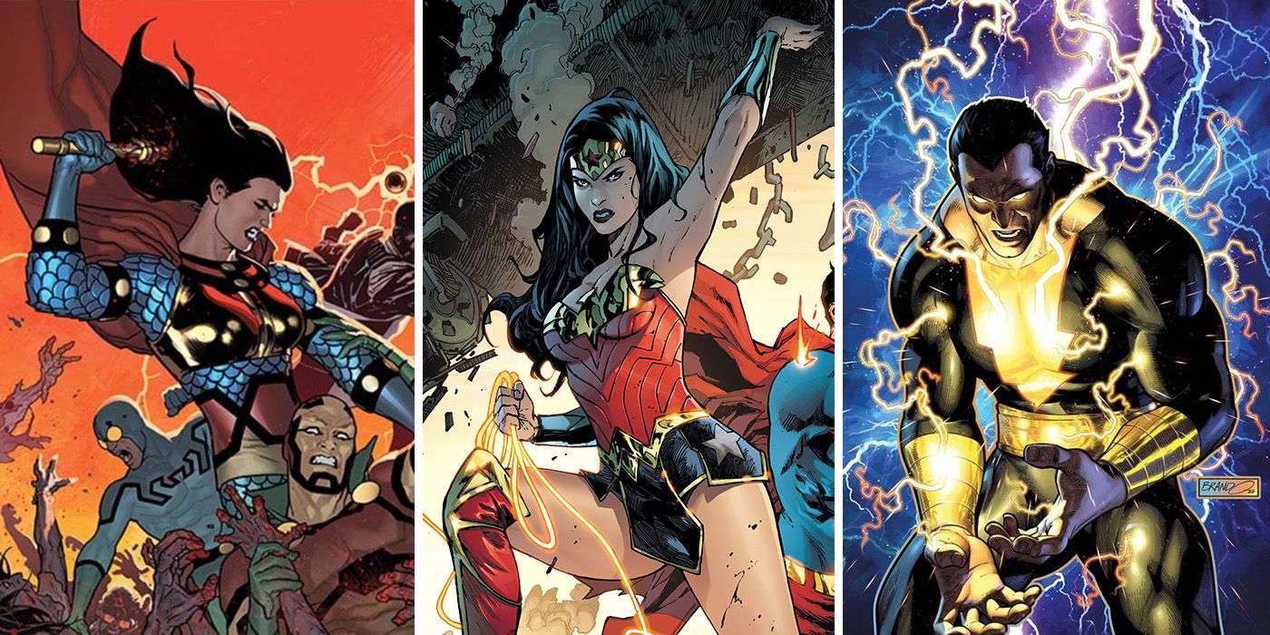 split image: Big Barda, Wonder Woman, and Black Adam acting violently in comics.