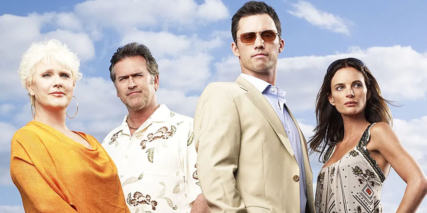 The cast of Burn Notice is seen beside clouds