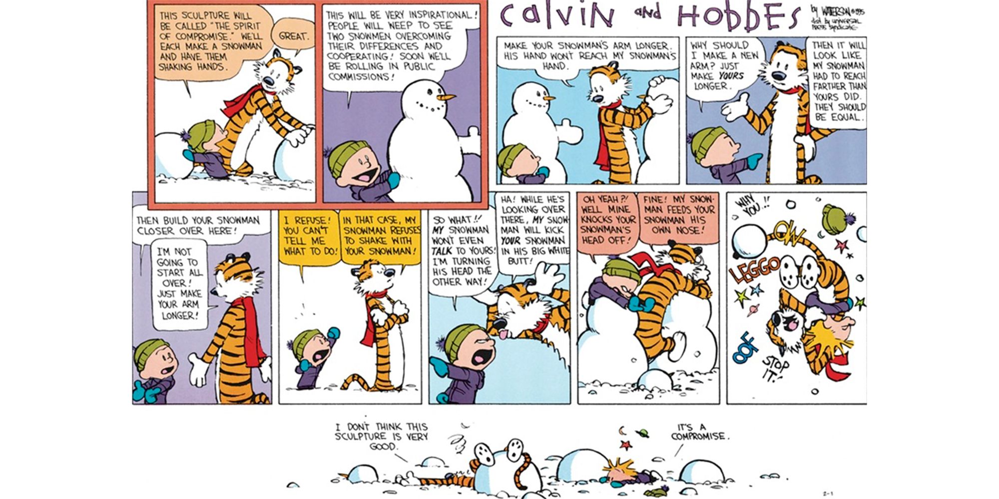 Calvin and Hobbes make the spirit of cooperation out of snow