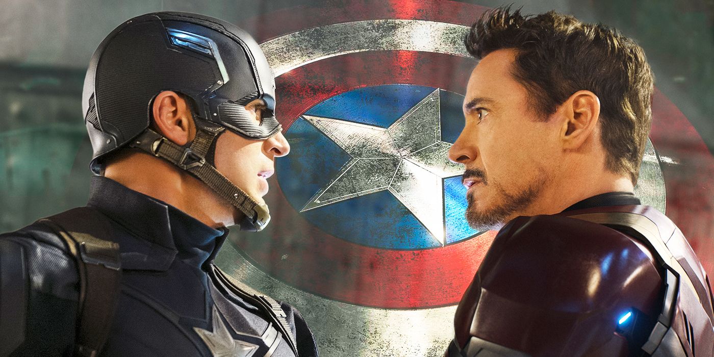 Captain America and Iron Man facing off with Cap's shield in the background.