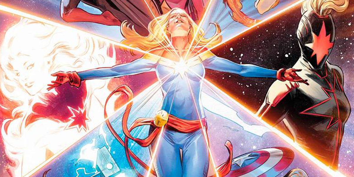 Carol Danvers flies in front of other Marvel heroes on the cover of Captain Marvel #50