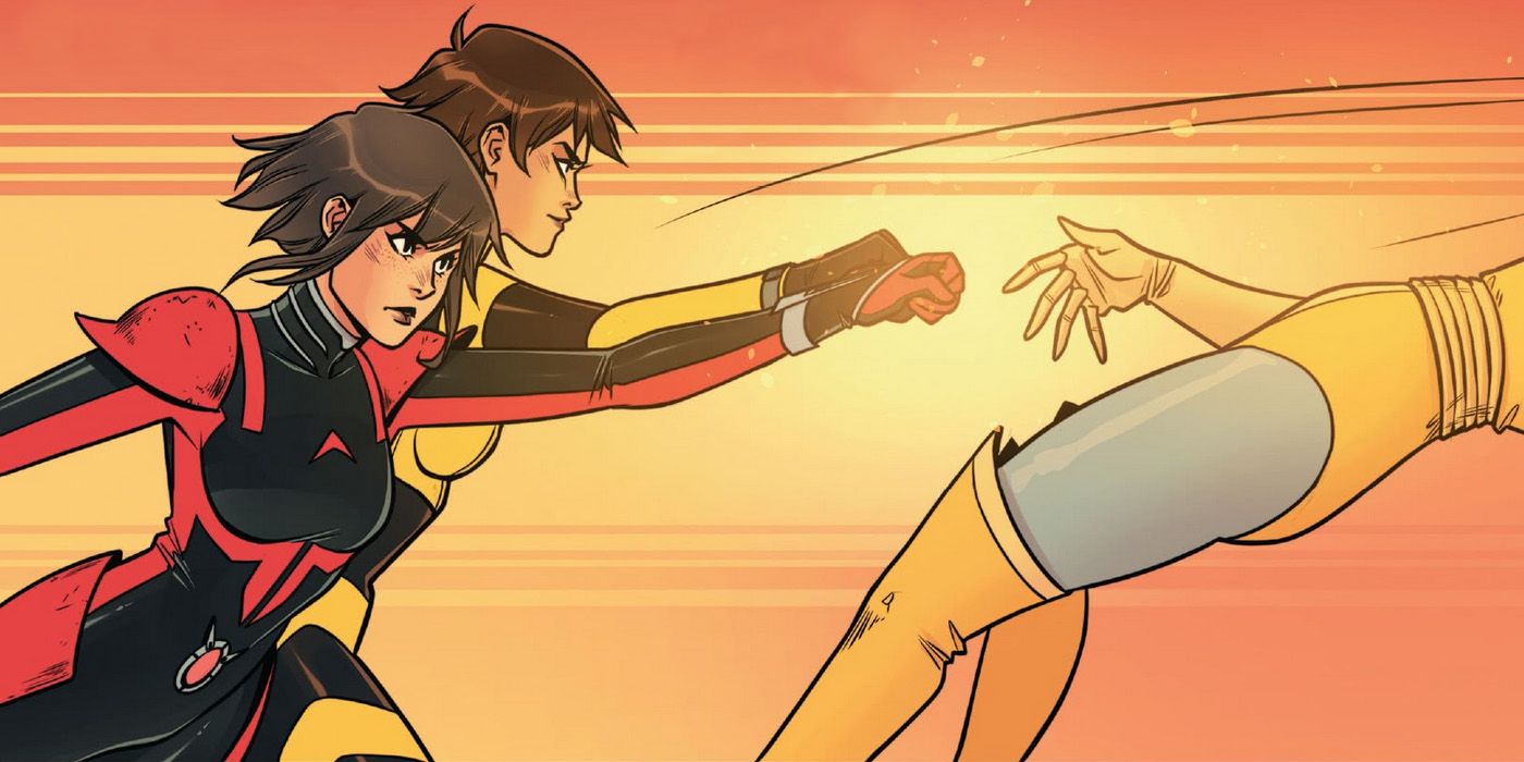 Janet Van Dyne e Nadia trabalham juntas para derrotar um inimigo. 