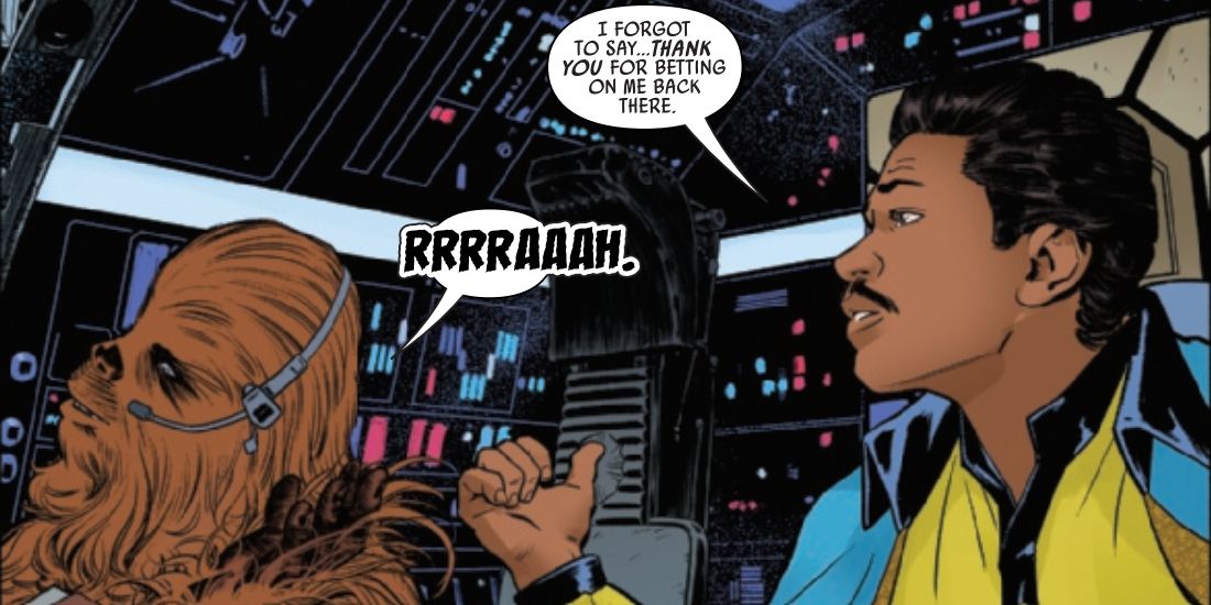 Chewbacca and Lando in the Millenium Falcon's cockpit in Star Wars Return of the Jedi Lando 1