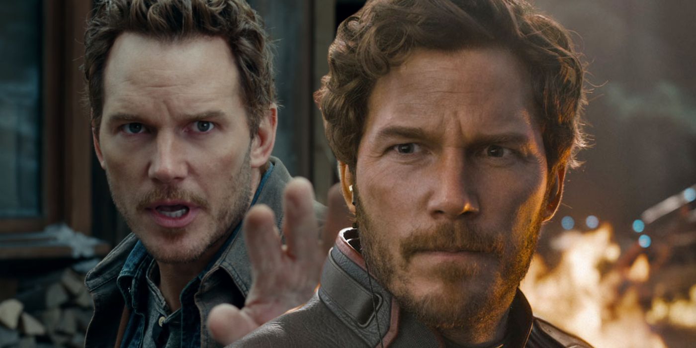 Split Image of Chris Pratt as Owen Grady in Jurassic World and Peter Quill in Guardians of the Galaxy