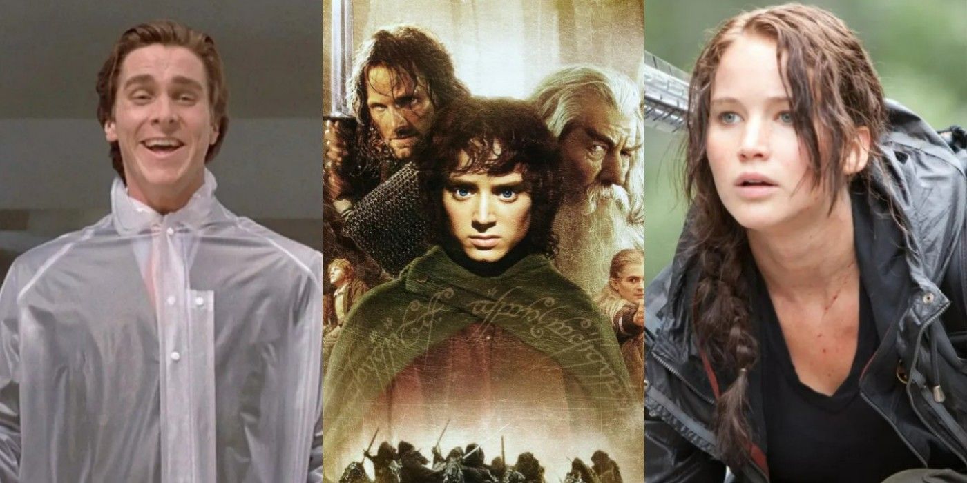 Christian Bale in American Psycho, LoTR poster, and Jennifer Lawrence in Hunger Games 