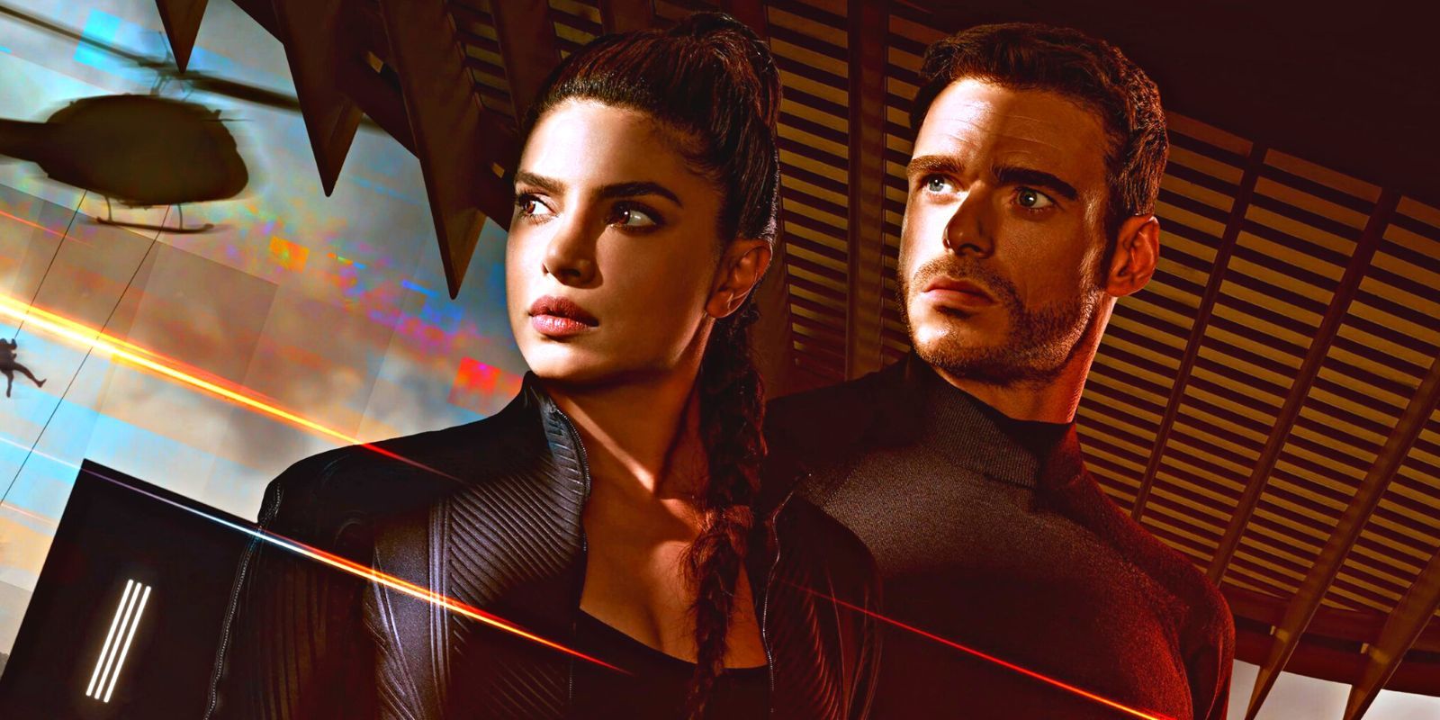 Priyanka Chopra and Richard Madden looking stoic in front of a helicopter in Citadel