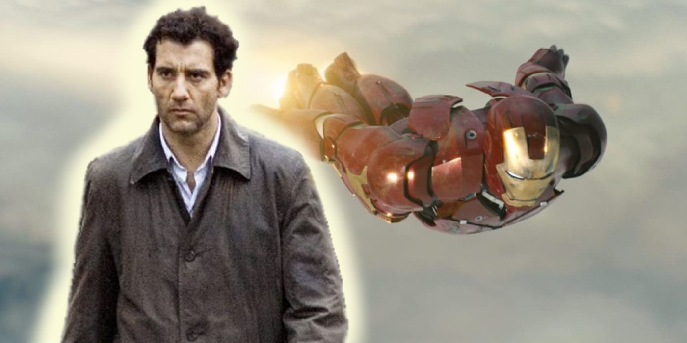 Clive Owen in front of Iron Man flying from the first MCU film.