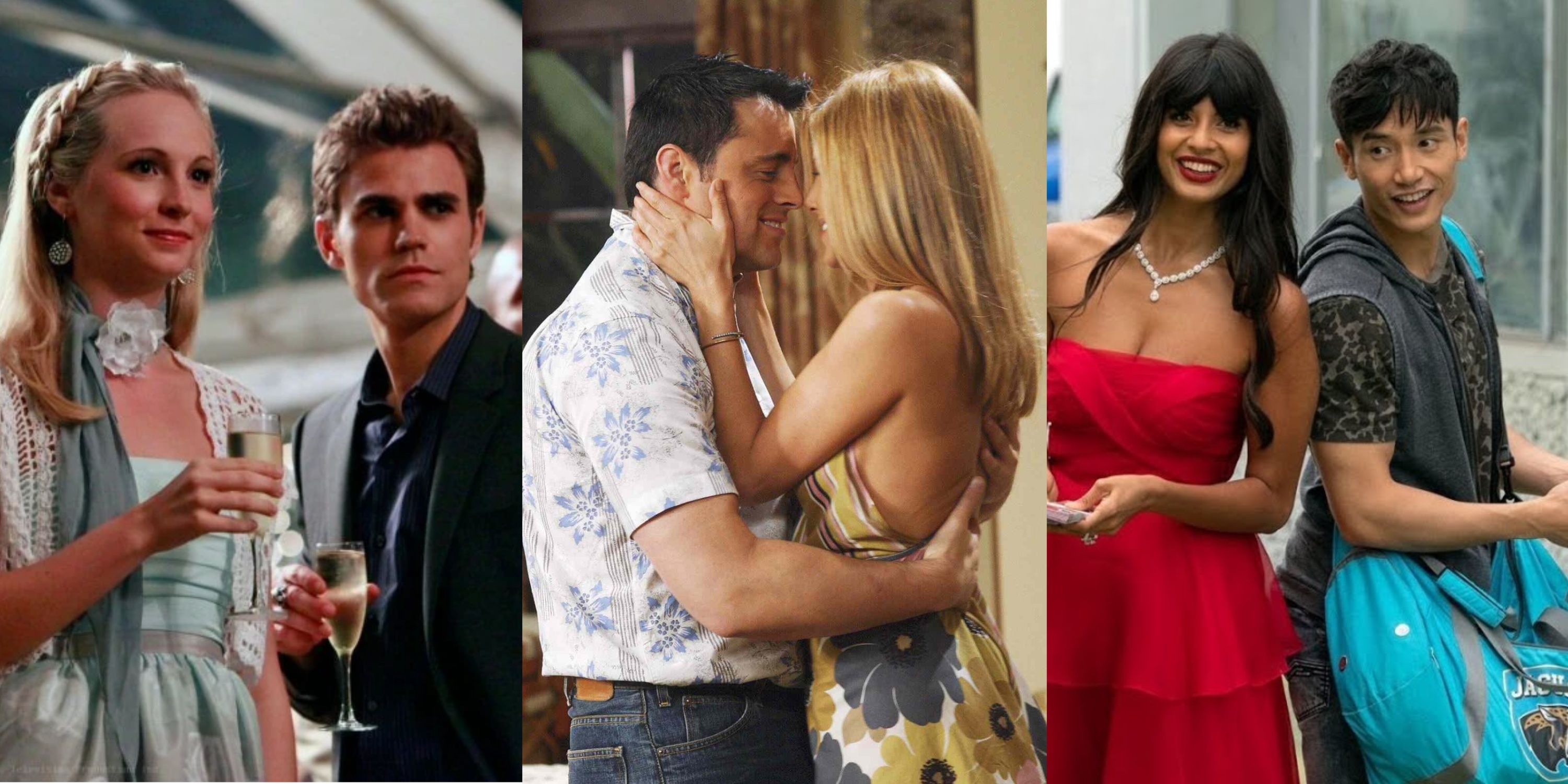 Split image of couples from TVD, Friends, The good Place