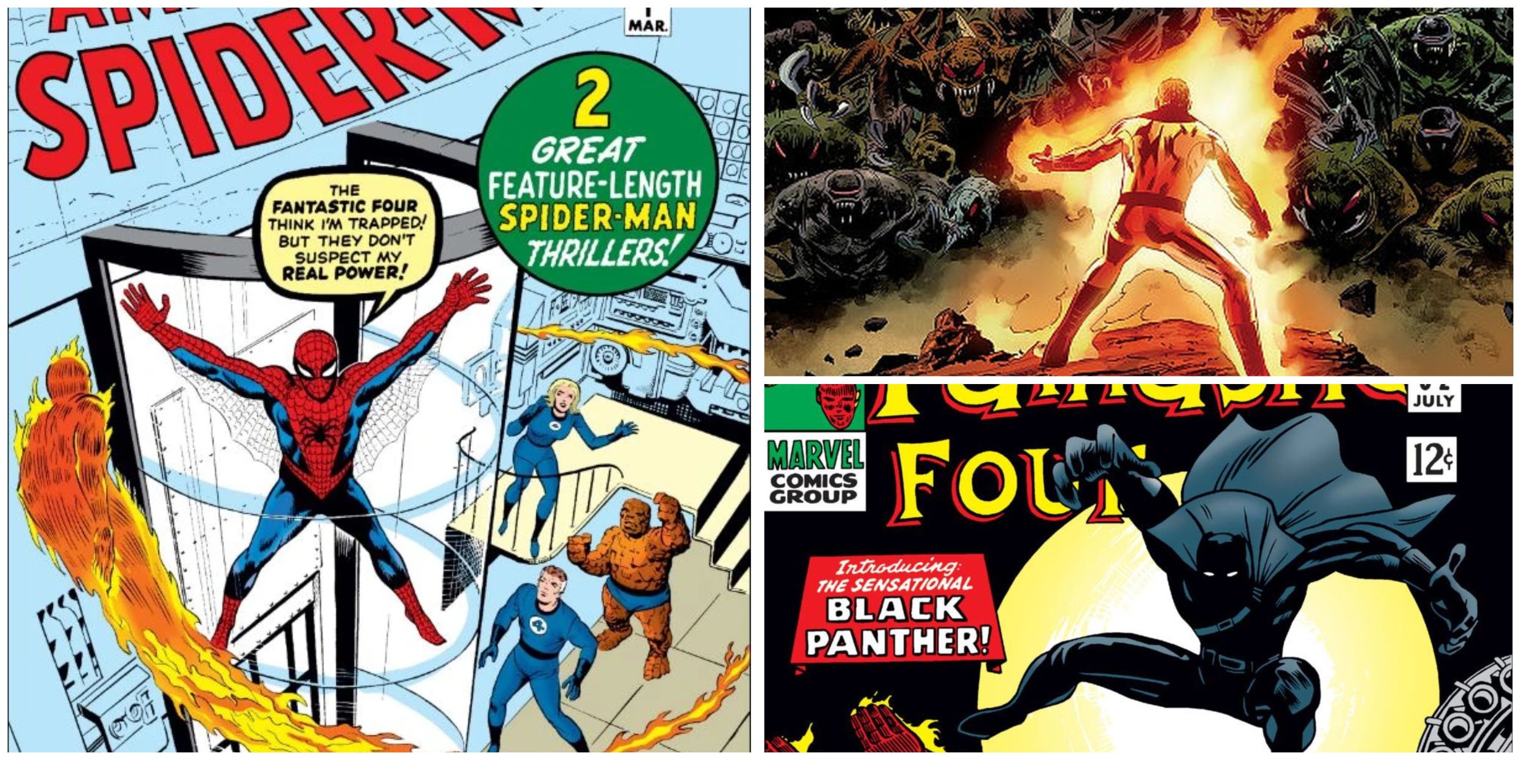 Split image: Steve Ditko's Spider-Man and the Fantastic Four, Human Torch facing monsters and Black Panther vs Fantastic Four