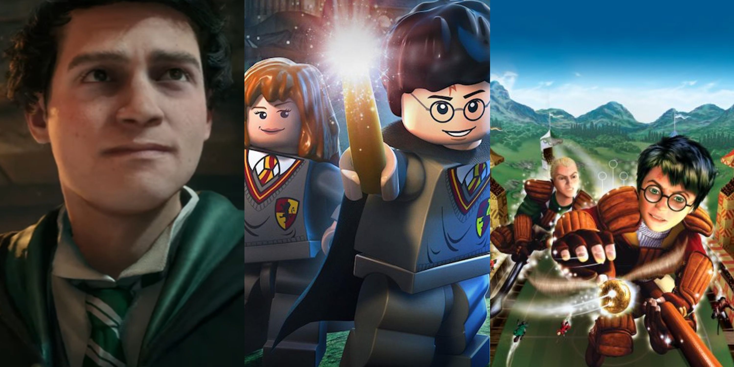 Split image of Sebastian Sallow, Lego Hermione and Harry, and Harry and Draco chasing the Snitch.