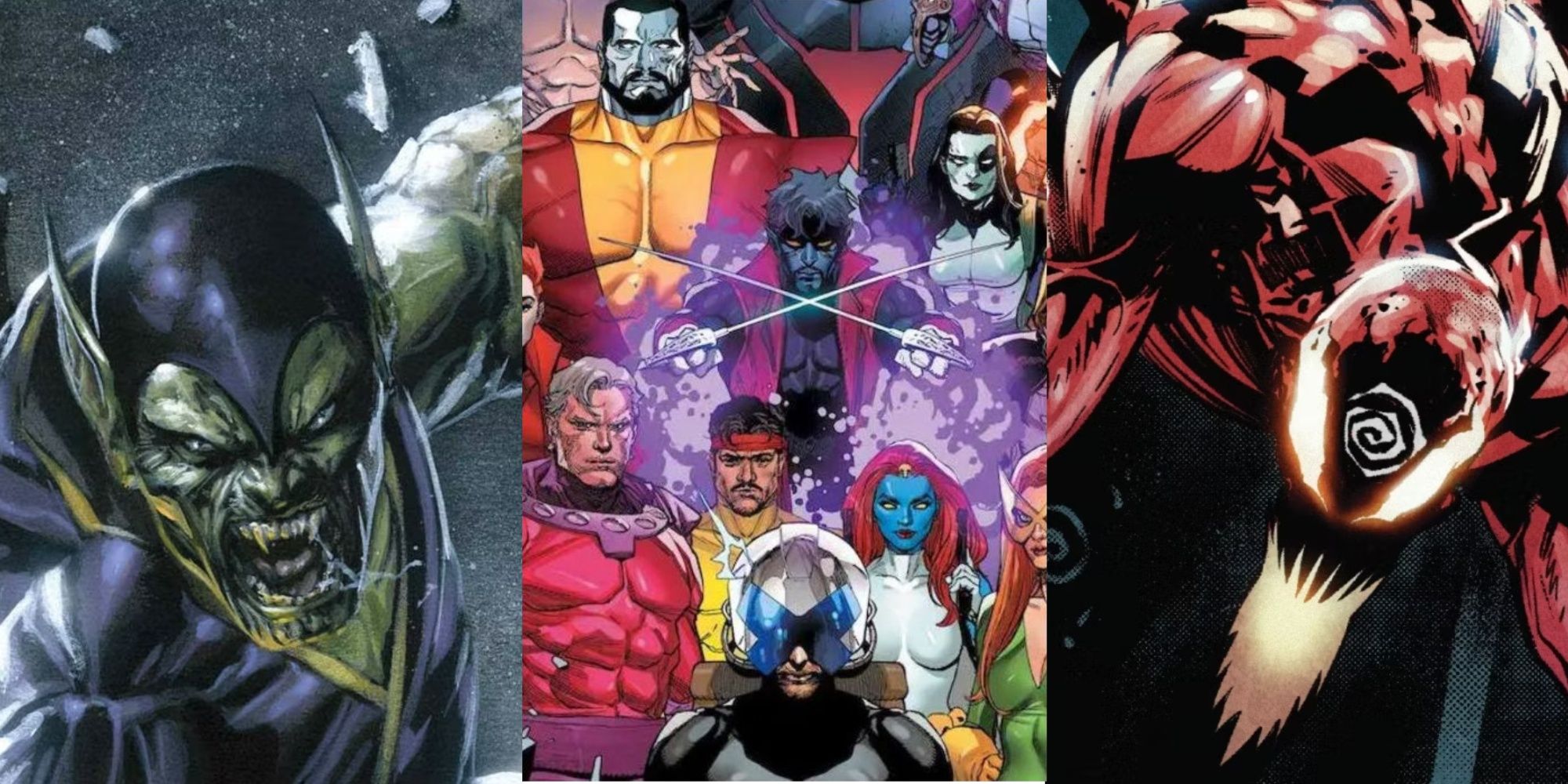 A split image of the Super Skrull, the X-Men, and Carnage in Marvel Comics