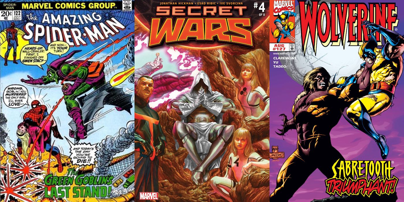 A split image of The Amazing Spider-Man #122, Secret Wars (2015) #4, and Wolverine #127 from Marvel Comics