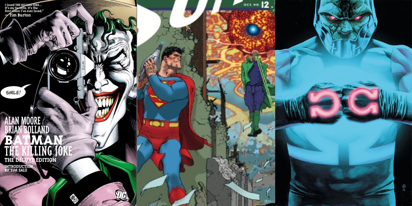 A split image of Batman: The Killing Joke, All-Star Superman #12, and Darkseid from Final Crisis from DC Comics
