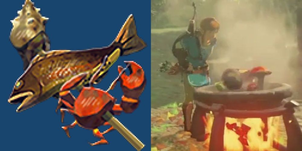 Split IMage Seafood Skewer e Link cozinhando em uma fogueira em Breath Of The Wild