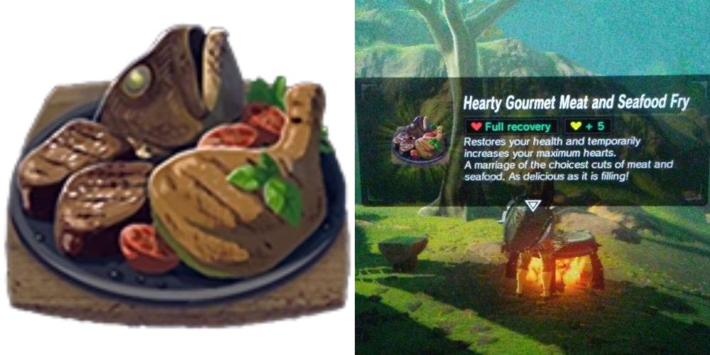 Split Image Gourmet Meat and Seafood Fry e descrição em Breath of The Wild