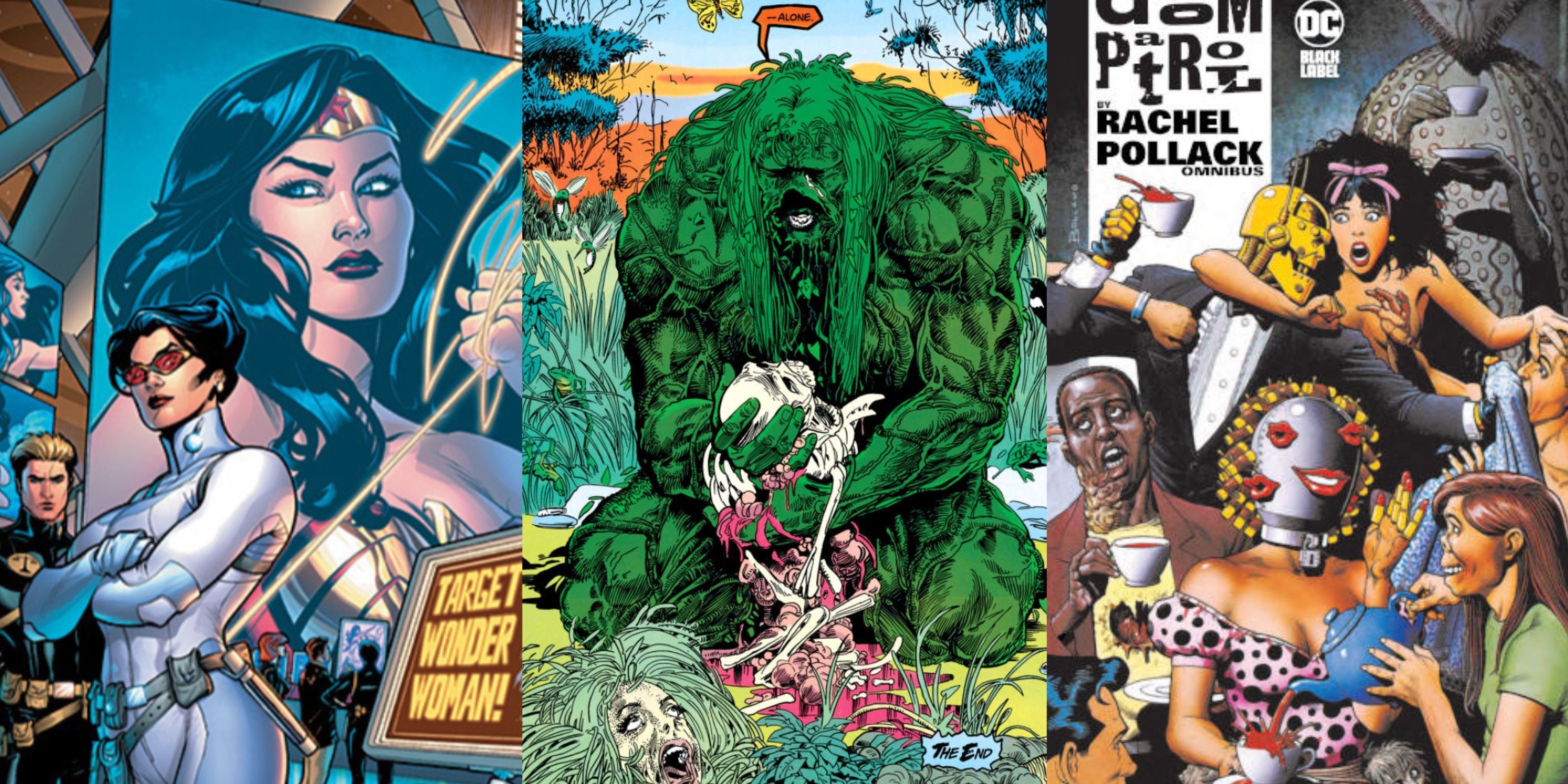 Split image Wonder Woman, Swamp Thing and the Doom Patrol in DC Comics