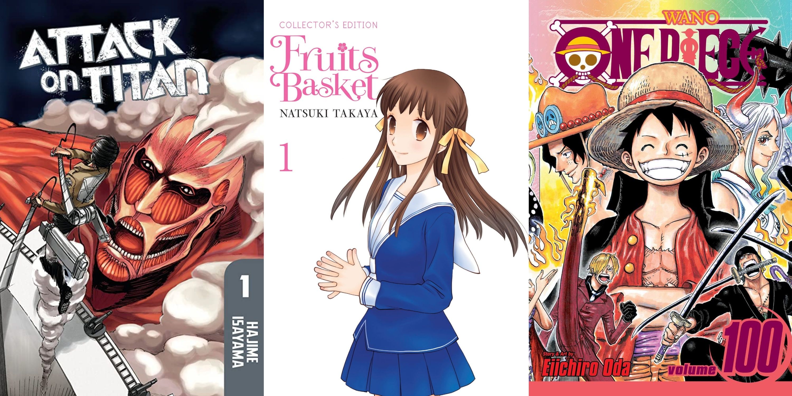 Collage of Attack on Titan, Fruits Basket, and One Piece manga covers.