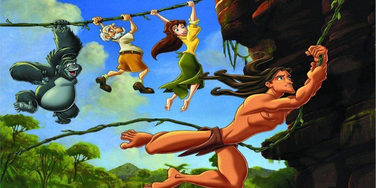 Tarzan, Terk, Jane, and Her Father swing on a vine