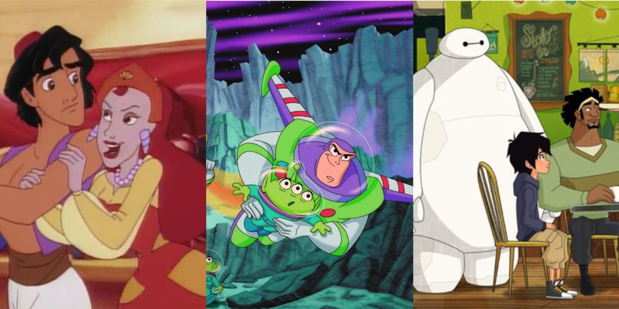 Disney movies series spin-offs Aladdin, Buzz Lightyear, and Big Hero 6