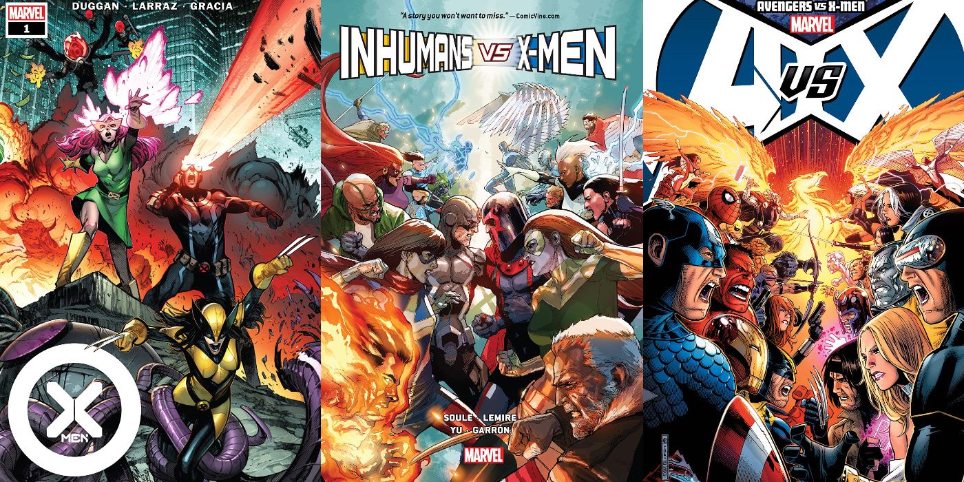 A split image of X-Men #1 (2021), Inhumans Vs. X-Men, and Avengers Vs. X-Men from Marvel Comics