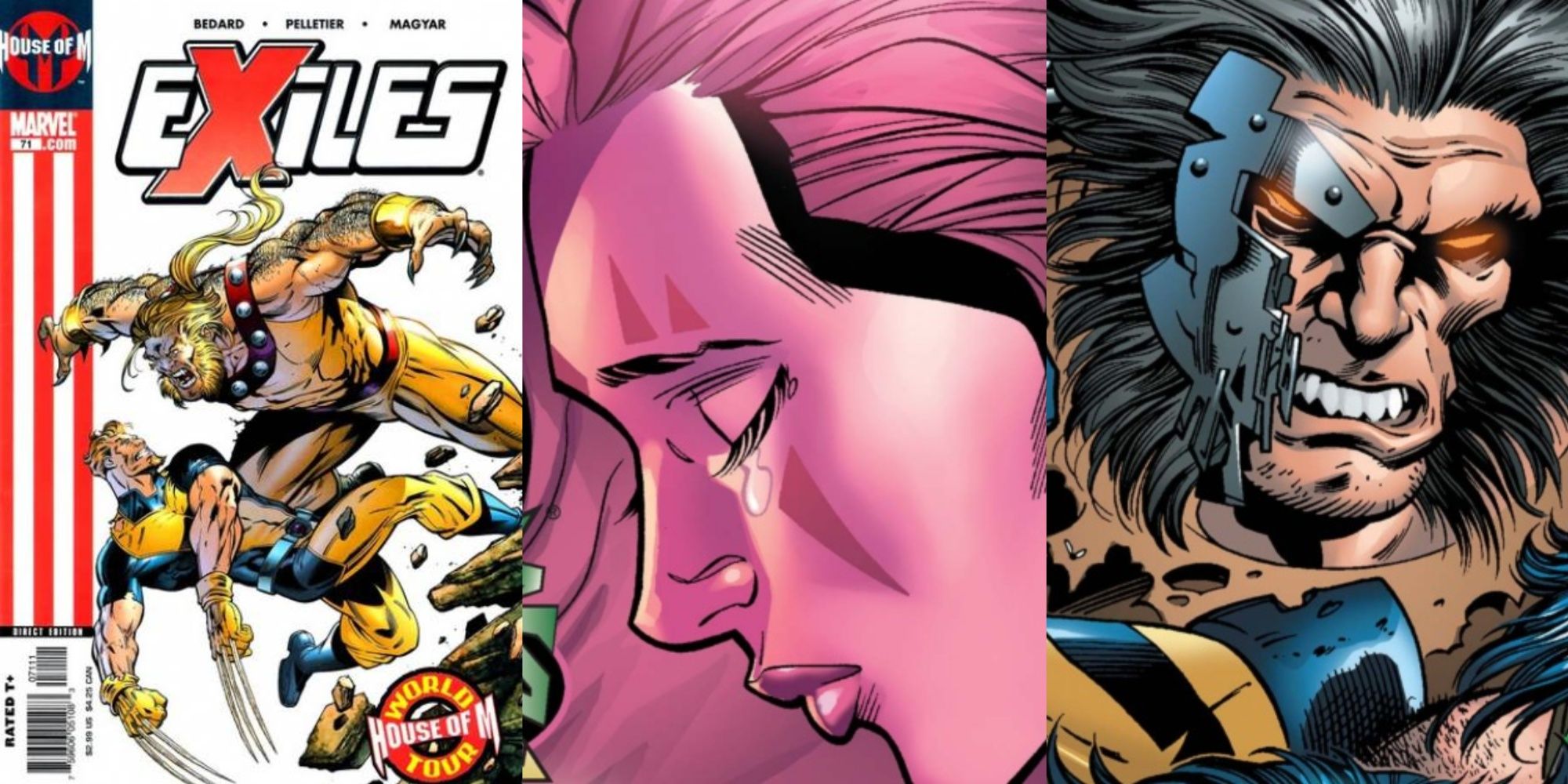 Split Image comic covers from Exiles with Mimic battling Sabretooth, Blink crying, and wolverine
