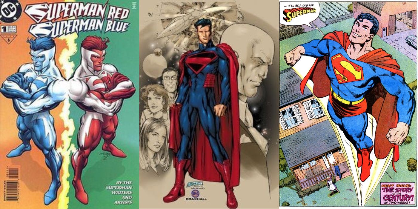 A split image of Superman Red/Superman Blue, artwork from the Superman 2000 proposal, and John Byrne's Superman from DC Comics
