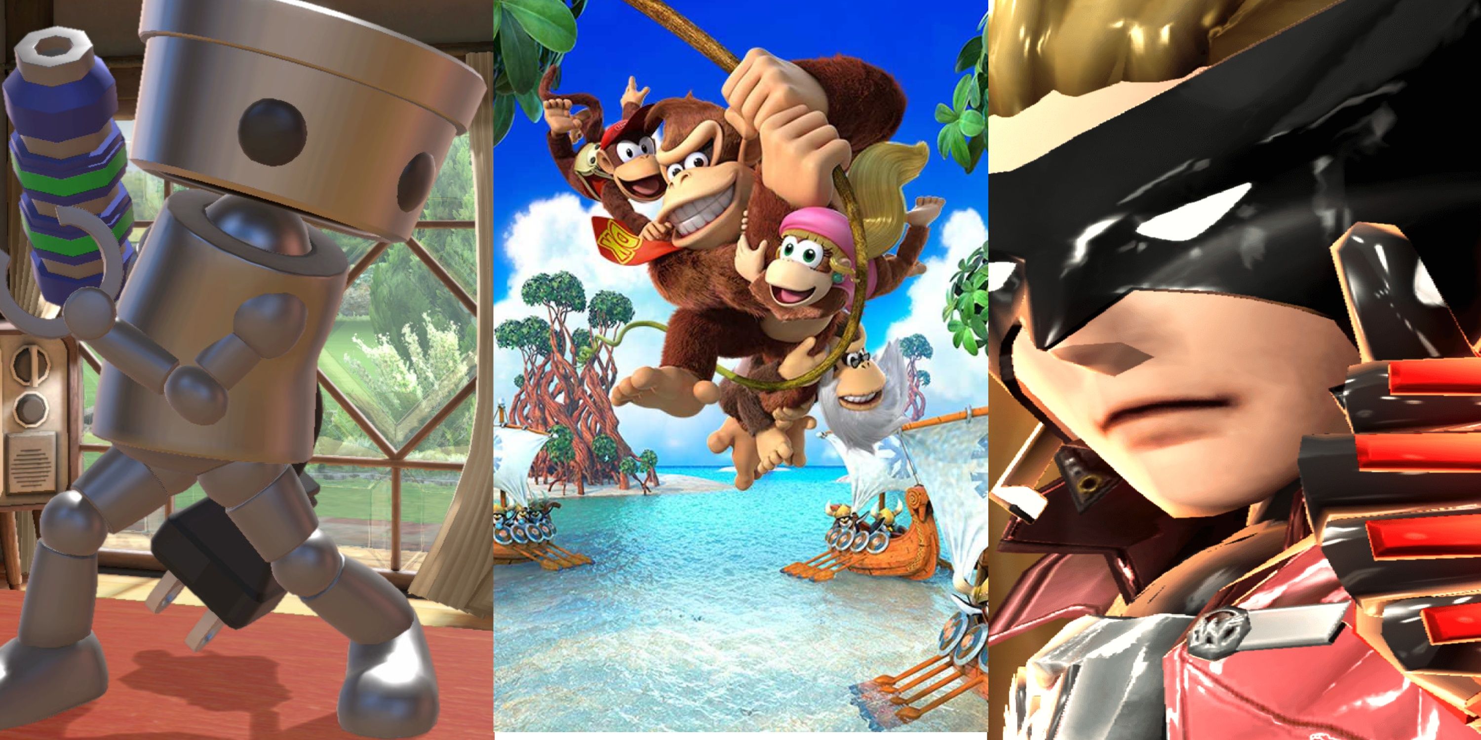 A split image featuring Chibi Robo, The Wonderful 101, and Donkey Kong.