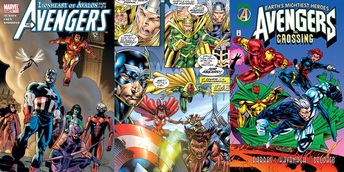 A split image of Avengers: The Lionheart Of Avalon, the Heroes Reborn Avengers, and Avengers: The Crossing from Marvel Comics