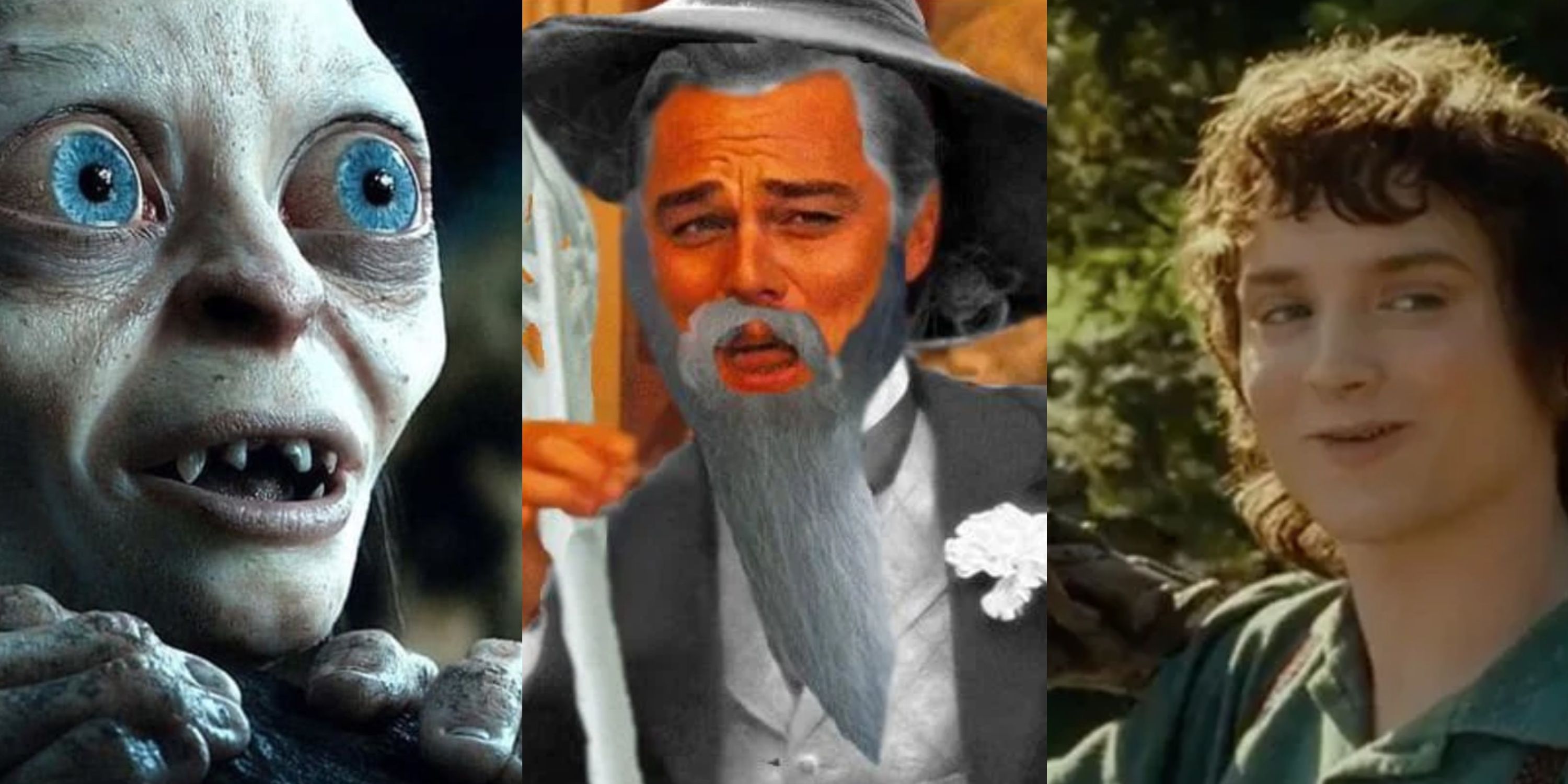 Split image of a close up of Gollum's amazed face, Leonardo Dicaprio edited into Gandalf (courtesy of: https://www.cbr.com/lord-of-the-rings-theories-that-make-sense/), and Frodo smiling in the 