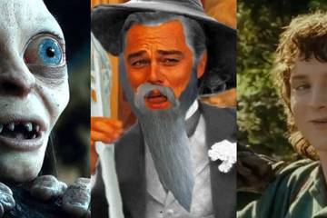 Split image of a close up of Gollum's amazed face, Leonardo Dicaprio edited into Gandalf (courtesy of: https://www.cbr.com/lord-of-the-rings-theories-that-make-sense/), and Frodo smiling in the 
