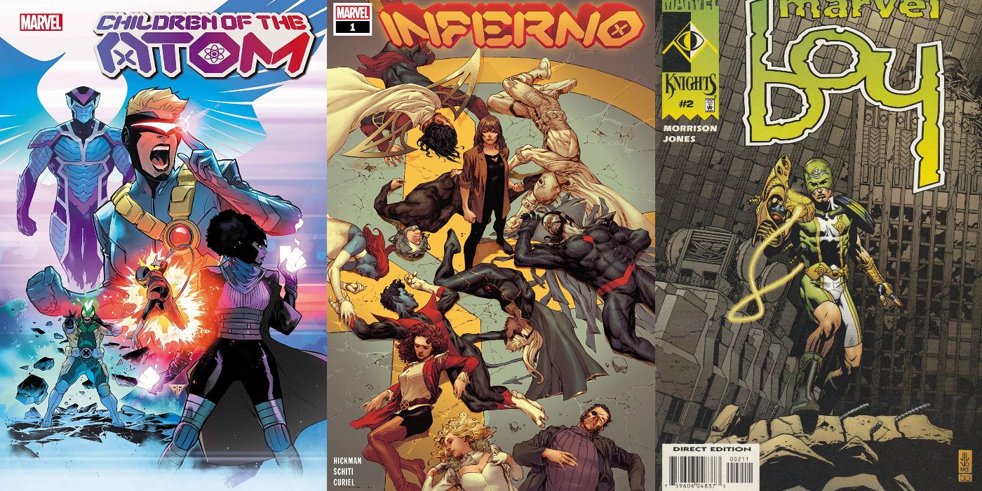 A split image of Children of the Atom, Inferno, and Marvel Boy from Marvel Comics