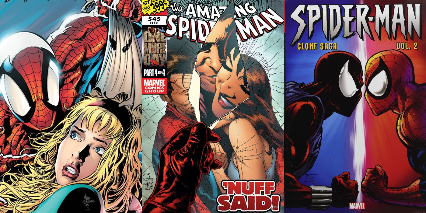 A split image of The Amazing Spider-Man: Sins Past, One More Day, and the Clone Saga from Marvel Comics