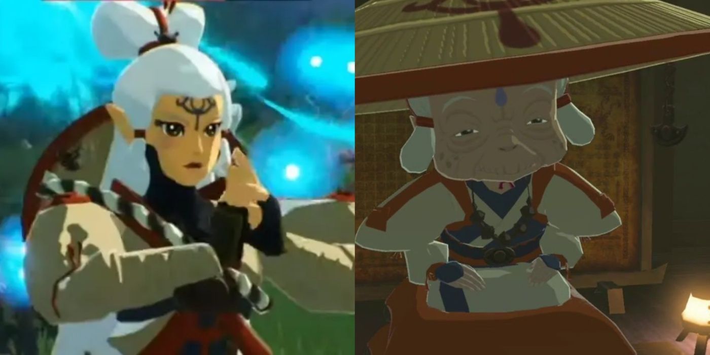 Imagem dividida de Impa de The Legend of Zelda como um jovem guerreiro e um líder ancião