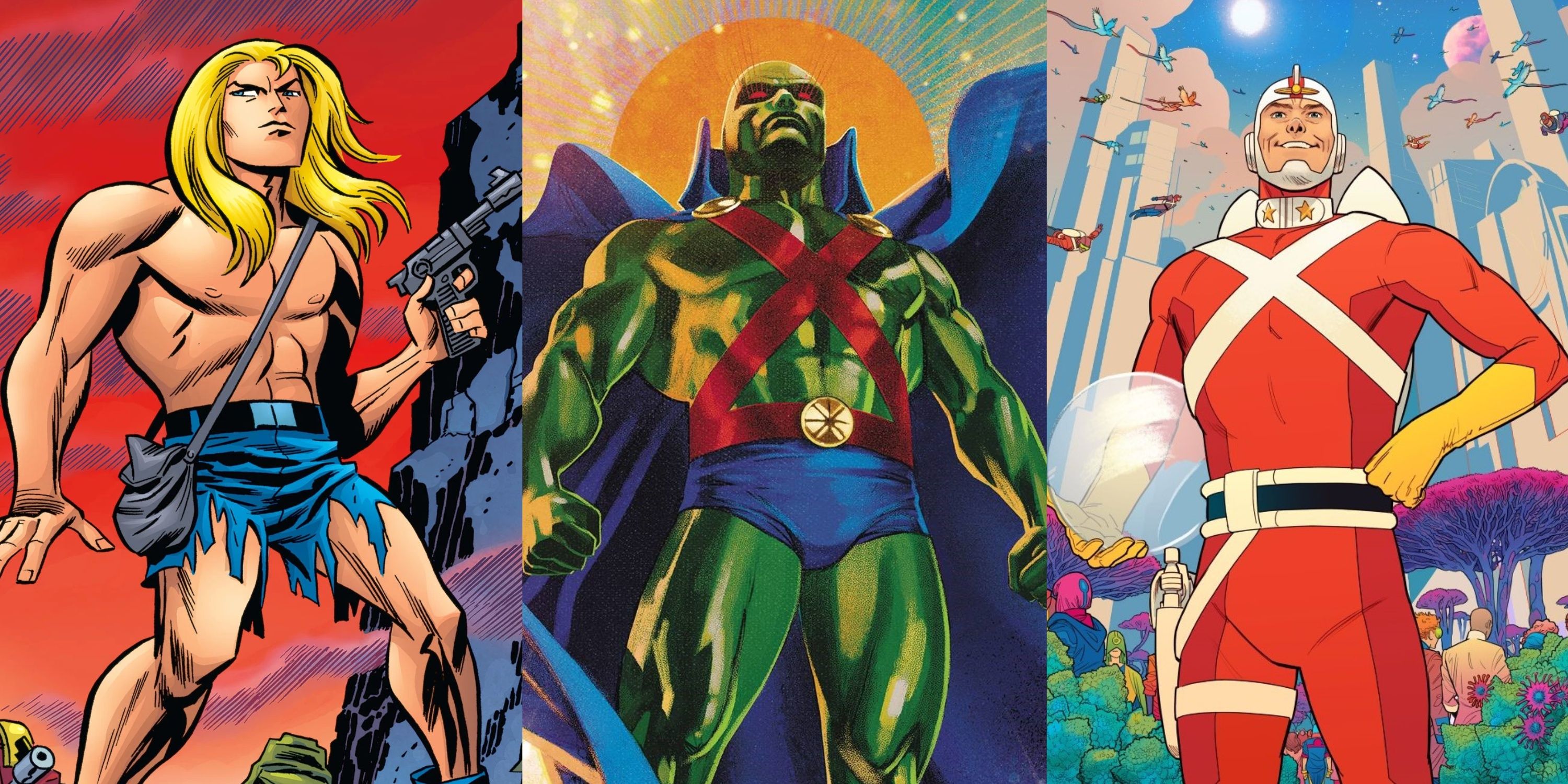 Split image Kamandi, Martian Manhunter and Adam Strange from DC Comics