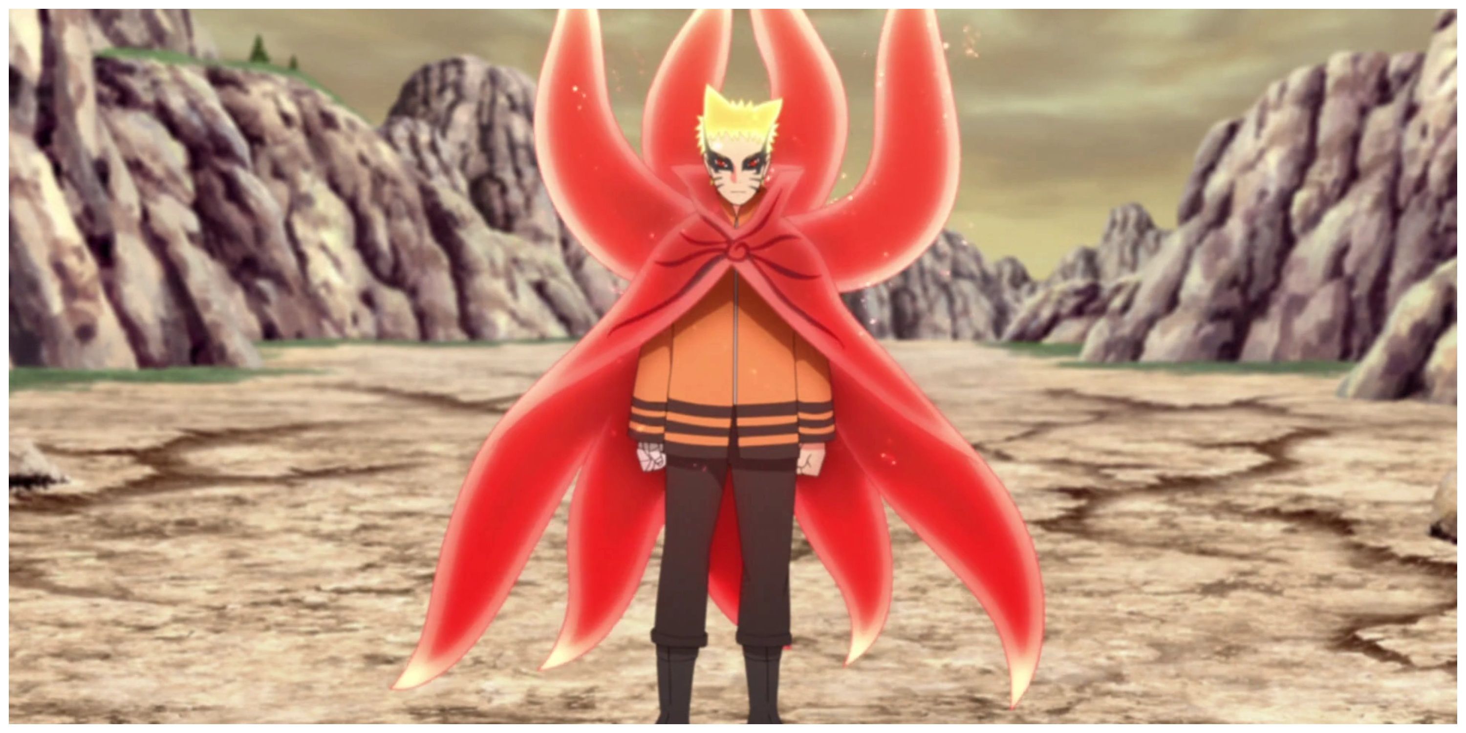 Naruto using his Baryon Mode in a desolate landscape