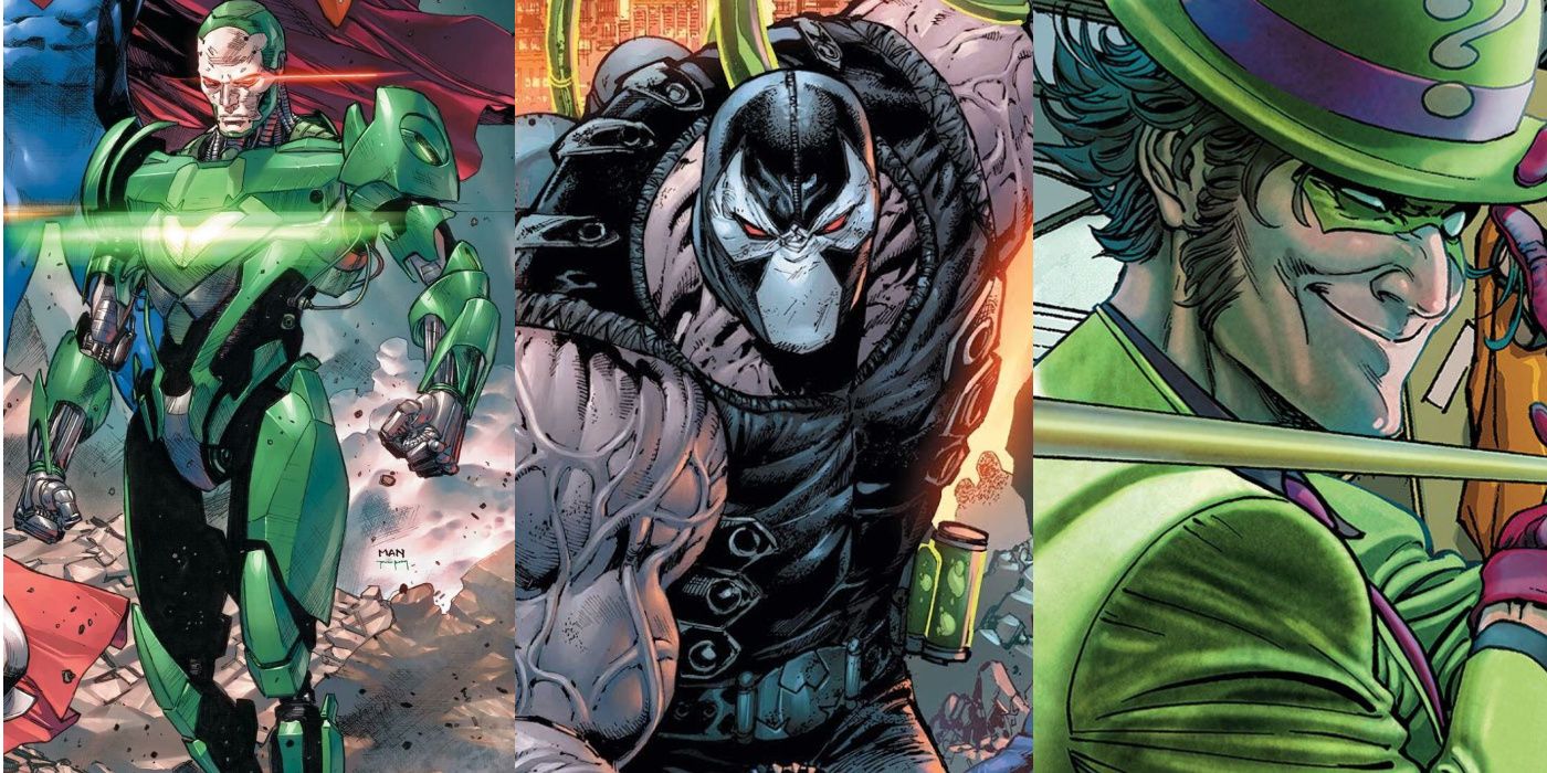 A split image of Metallo, Bane, and the Riddler from DC Comics