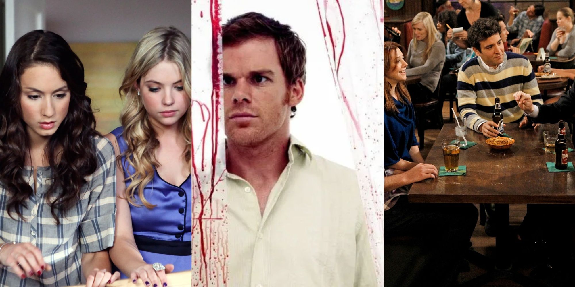 Split Image, Spencer and Hannah in Pretty Little Liars, Dexter looking at blood splatter, Ted and Lily at the table in How I Met Your Mother