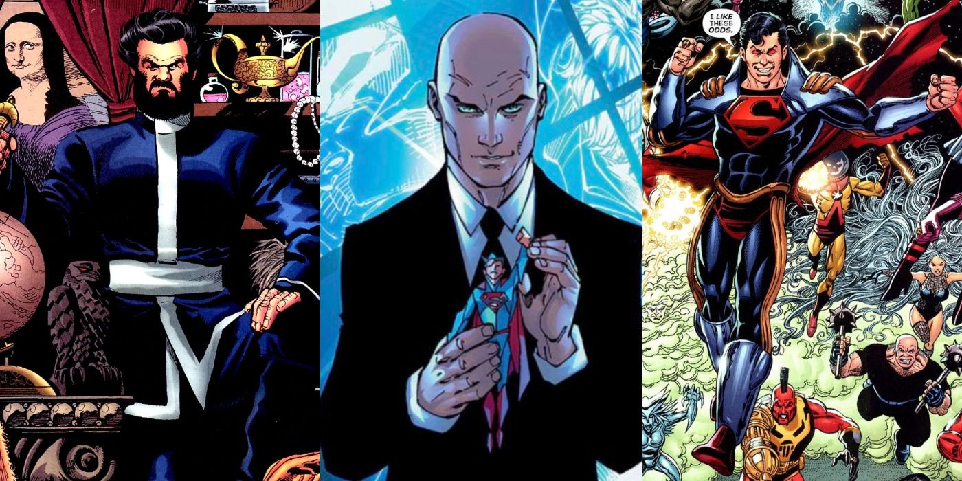 A split image of Vandal Savage, Lex Luthor, and Superboy-Prime from DC Comics