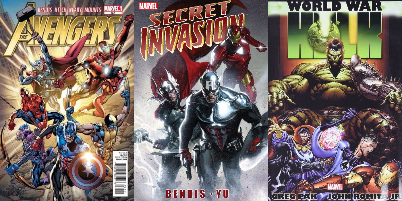 A split image of Avengers (vol. 4) 12.1, Secret Invasion, and World War Hulk from Marvel Comics