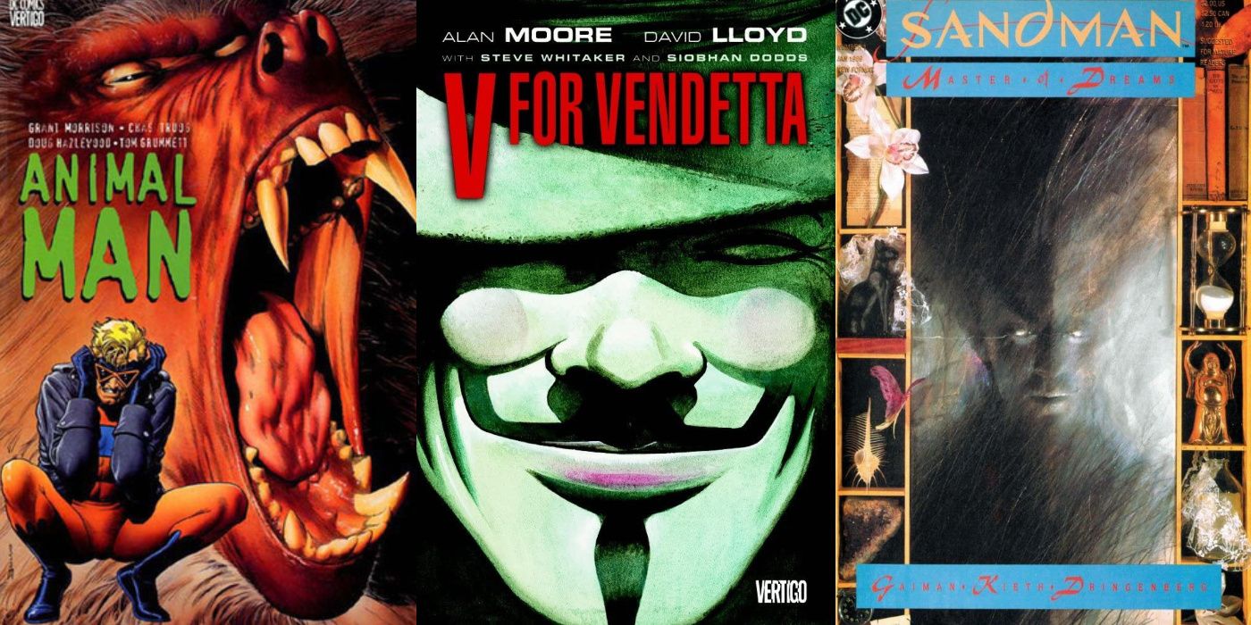 A split image of Animal Man Vol. 1, V For Vendetta, and The Sandman #1 from DC Comics