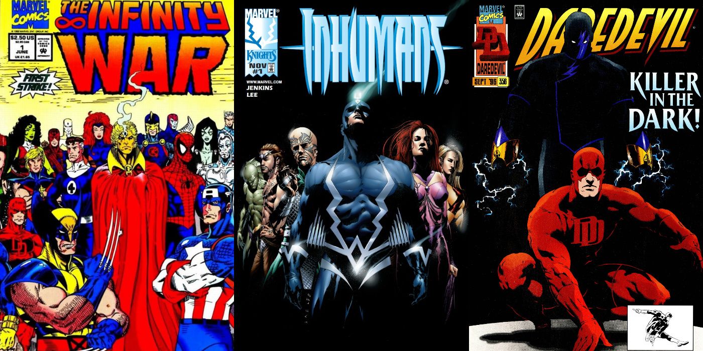 A split image of Infinity War, Inhumans, and the Kesel/Nord run of Daredevil from Marvel Comics