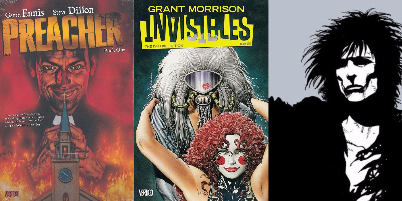 A split image of Preacher, The Invisibles, and The Sandman from DC Comics