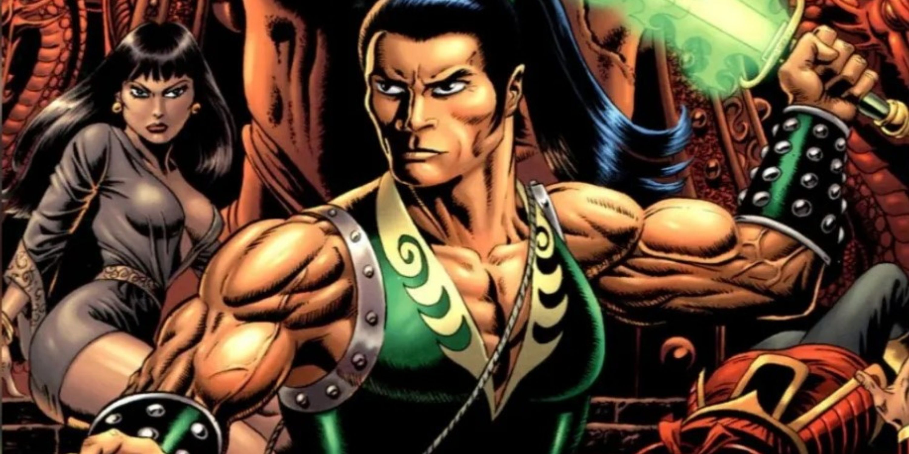 Jong Li holds a glowing green sword in Green Lantern Dragon Lord