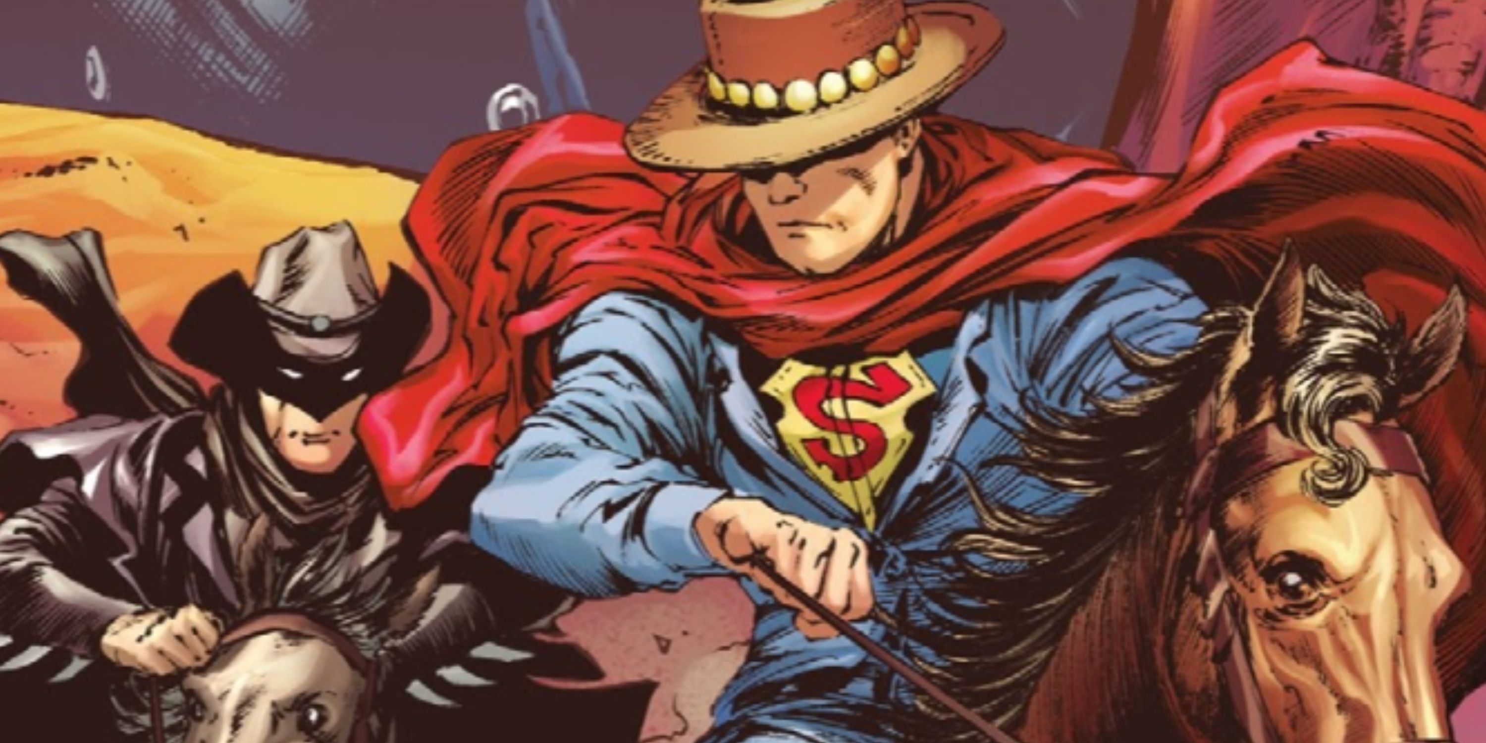 Batman and Superman ride horses as cowboys