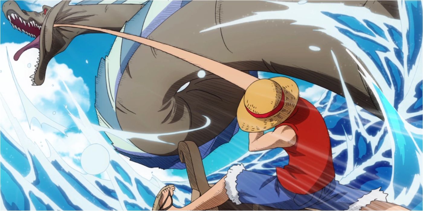 One Piece Luffy using Gomu Gomu no Pistol to defeat a Sea King