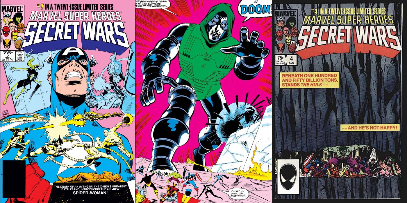 A split image of Secret Wars #7, Doom with the Beyonder's power, and Secret Wars #4 from Marvel Comics