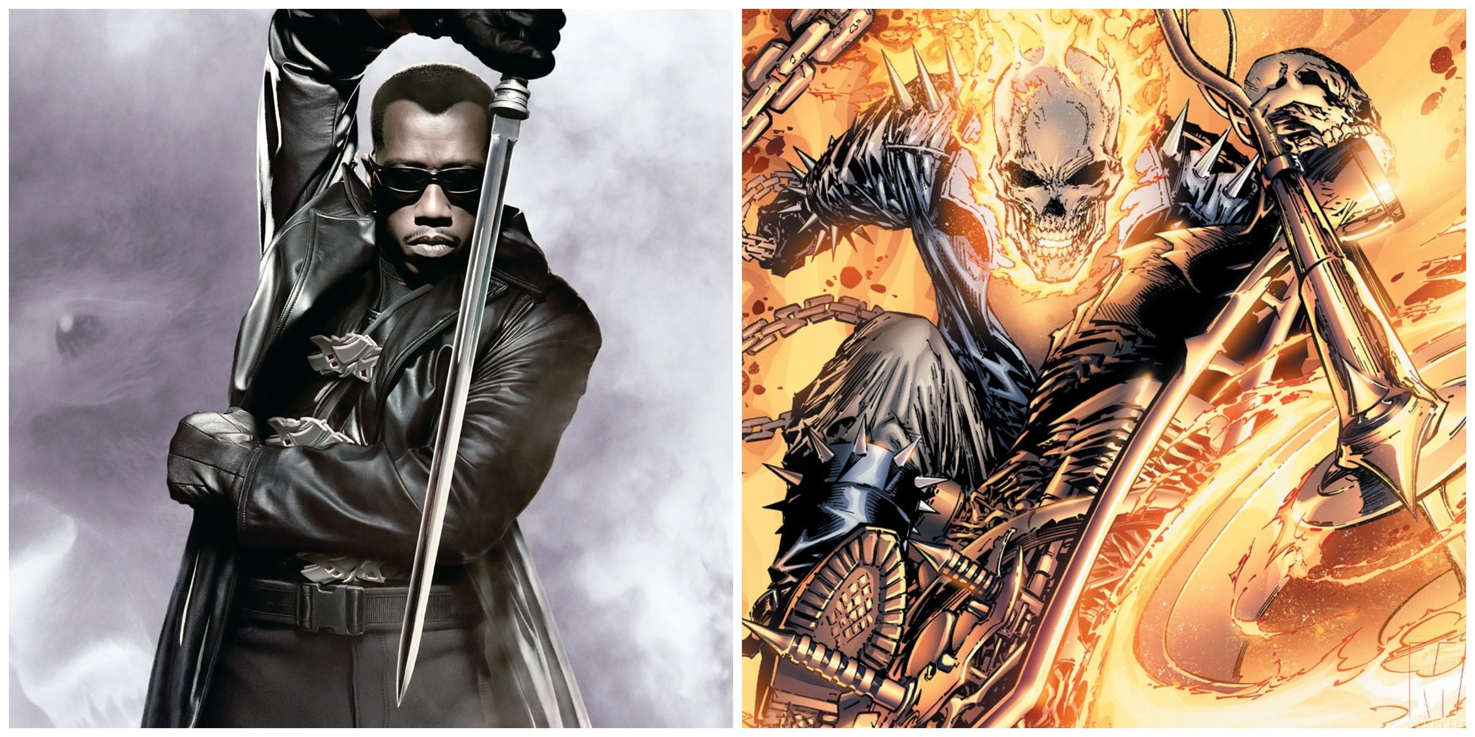 split image: Wesley Snipes as Blade and Ghost Rider in the comics